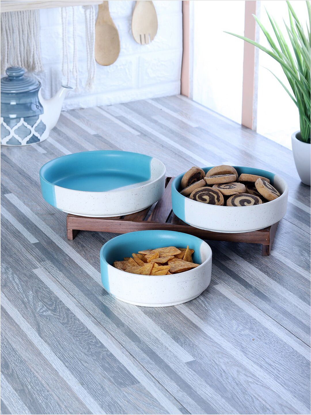 CDI 3 Pieces White & Blue Printed Ceramic Glossy Bowl Set Price in India