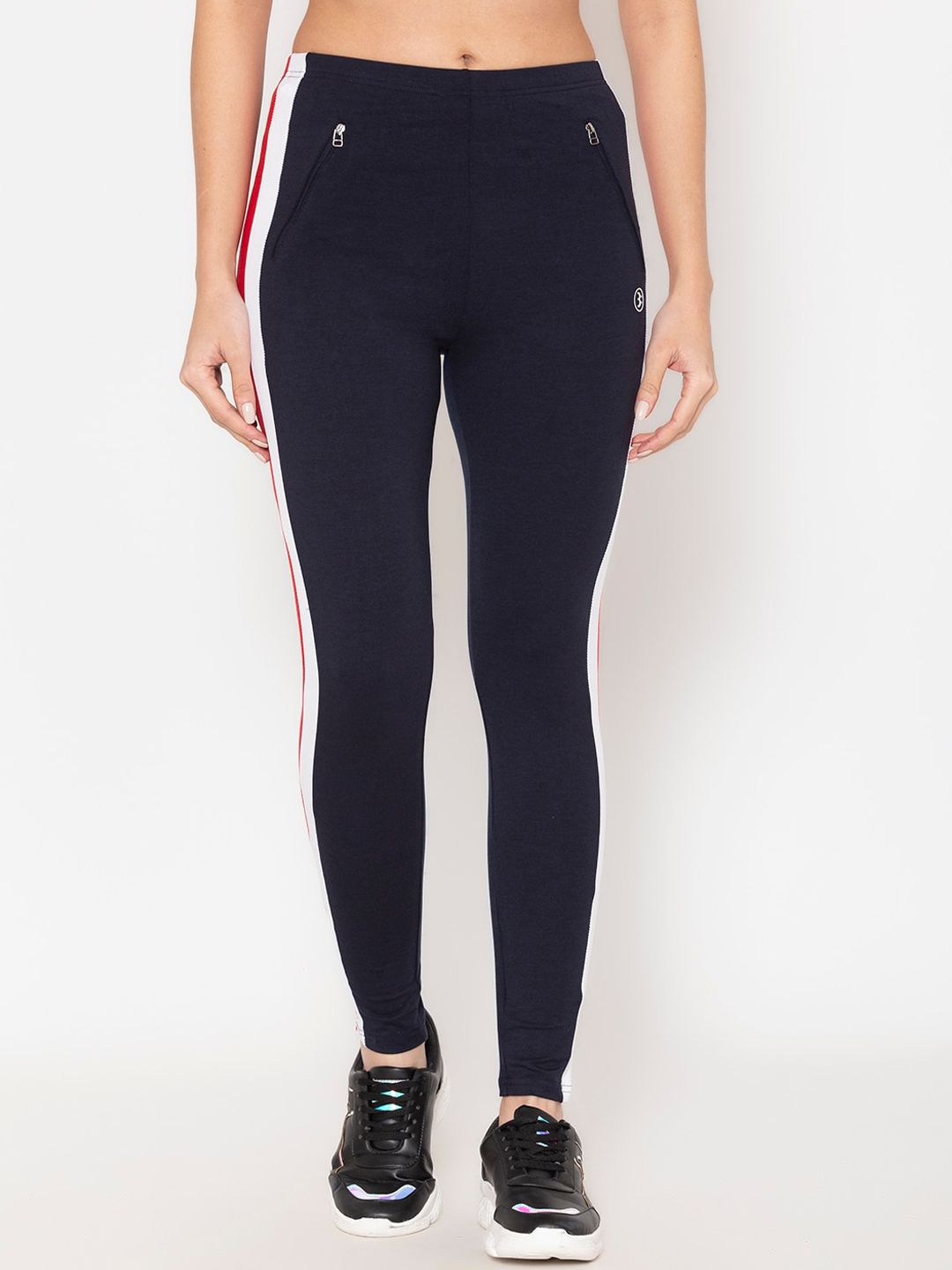 BODYACTIVE Women Navy Blue Solid Cotton Slim-Fit Track Pant Price in India