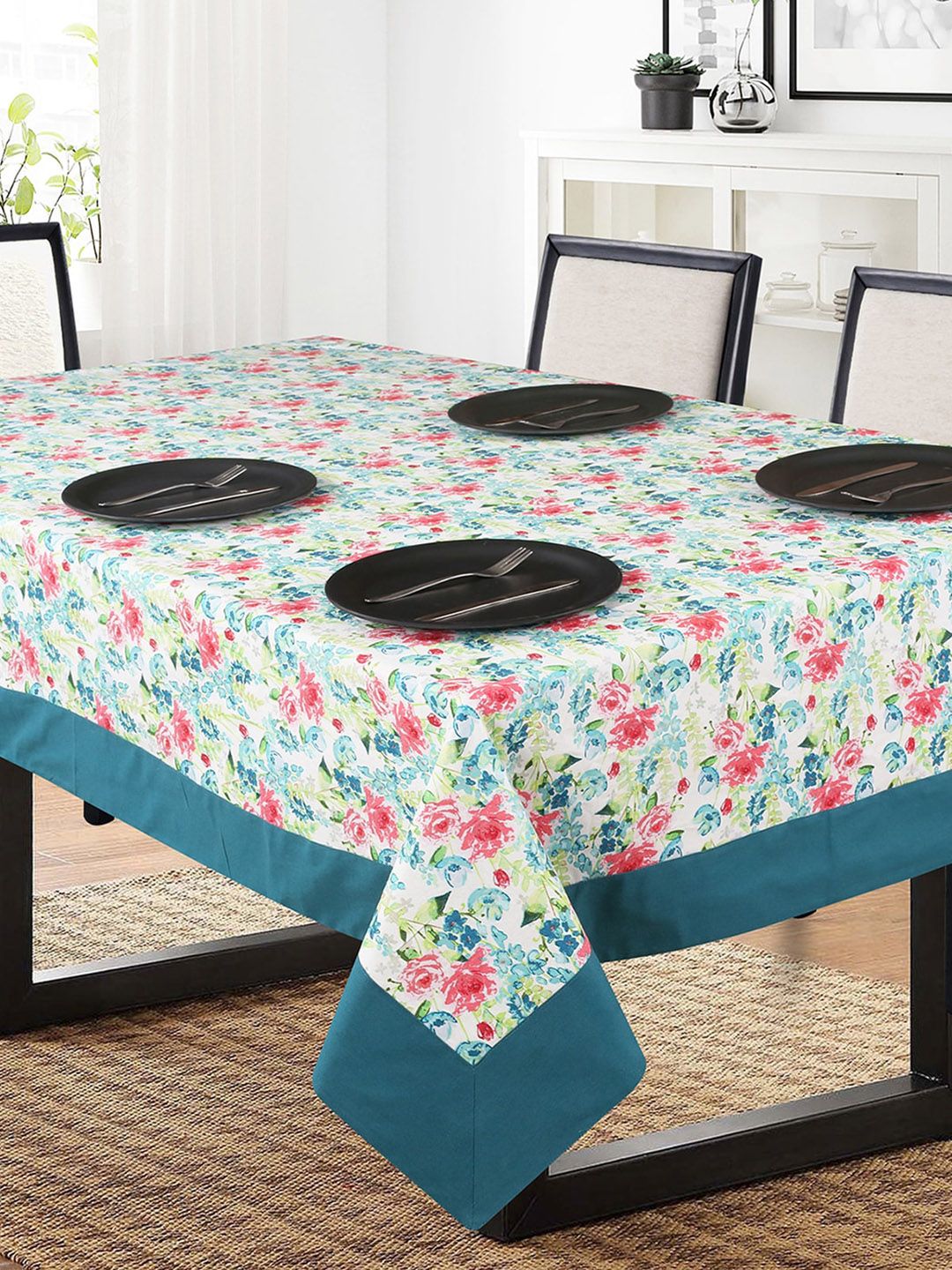 SHADES of LIFE Blue & Green Floral Printed Cotton 6-Seater Table Cover Price in India