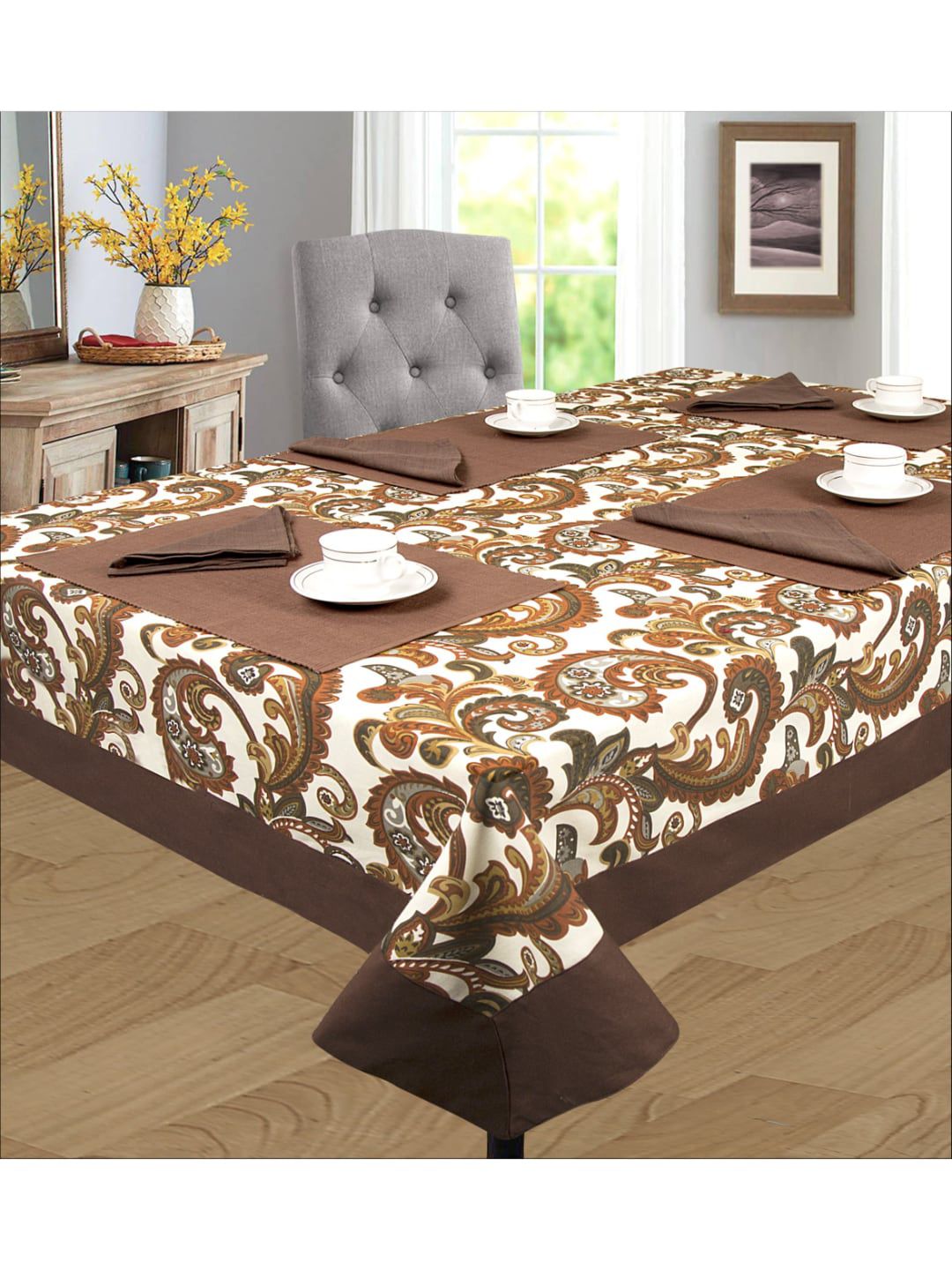 SHADES of LIFE Brown & White Paisley Printed 4-Seater Cotton Table Covers Price in India
