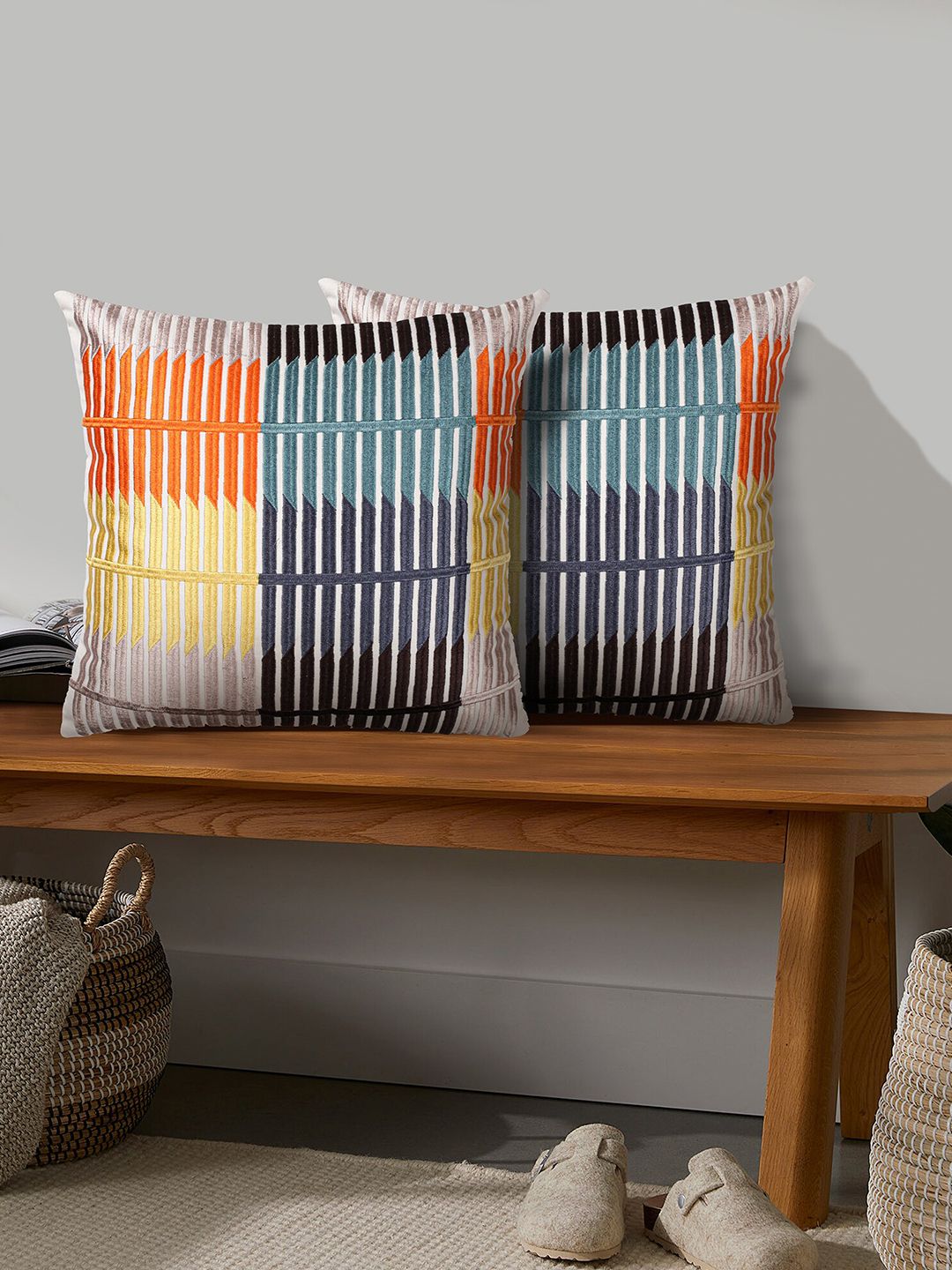 SHADES of LIFE Blue & Orange Set of 2 Embroidered Square Cushion Covers Price in India