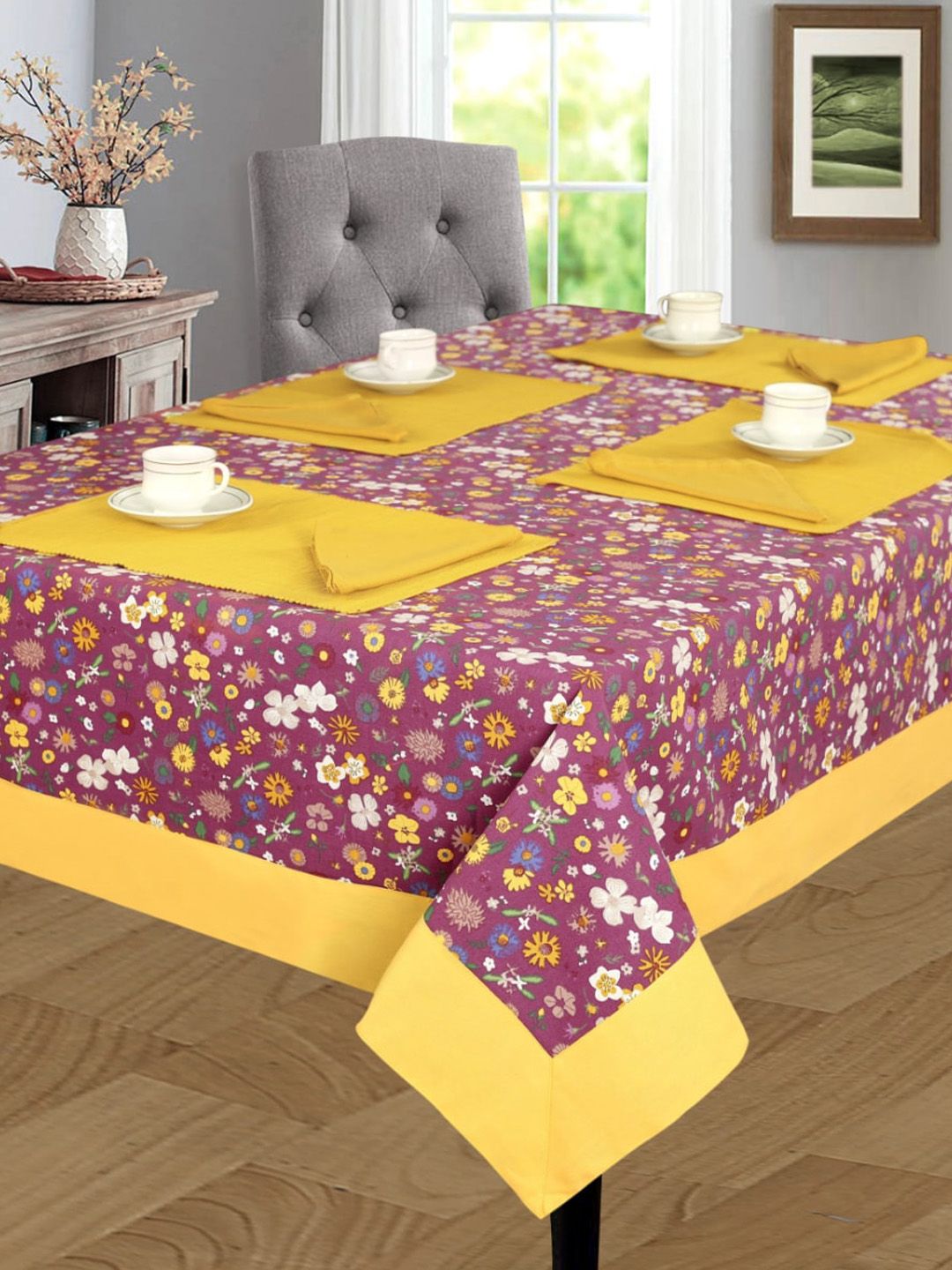 SHADES of LIFE Yellow & Pink Floral Printed 4-Seater Cotton Table Covers Price in India
