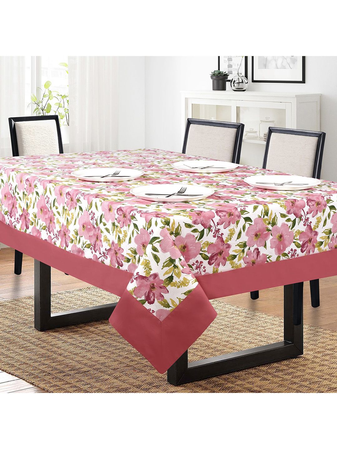 SHADES of LIFE  Peach-Coloured & White Printed 6 Seater Cotton Table Cover Price in India