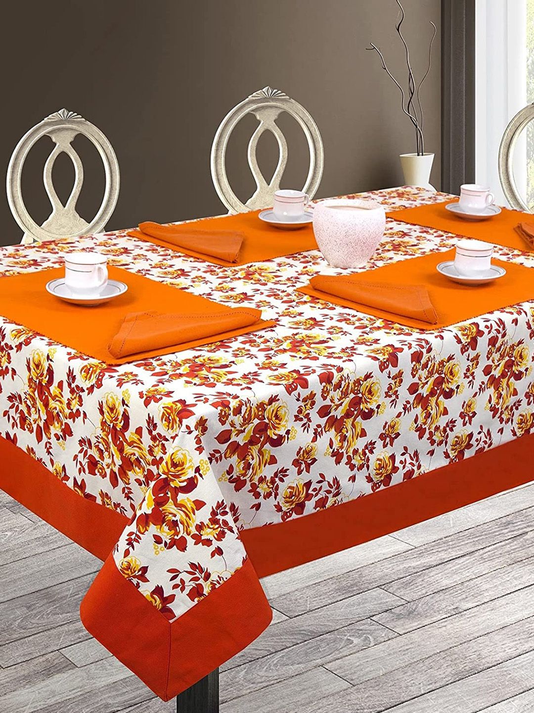 SHADES of LIFE Orange & White Floral Printed 2-Seater Table Covers Price in India