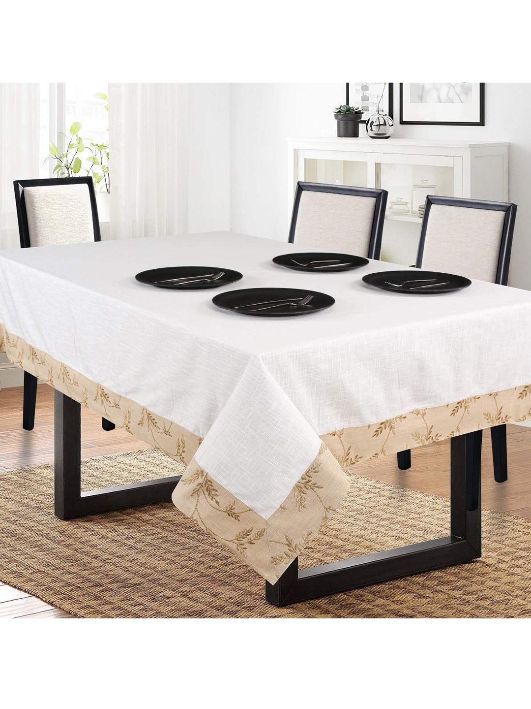 SHADES of LIFE White & Brown Solid 6-Seater Rectangle Cotton Table Cover Price in India