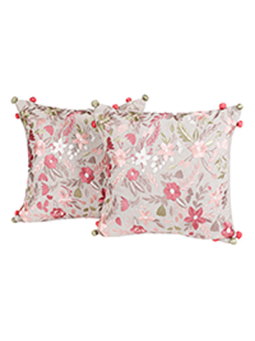 SHADES of LIFE Beige & Peach-Coloured Set of 2 Embroidered Square Cushion Covers Price in India