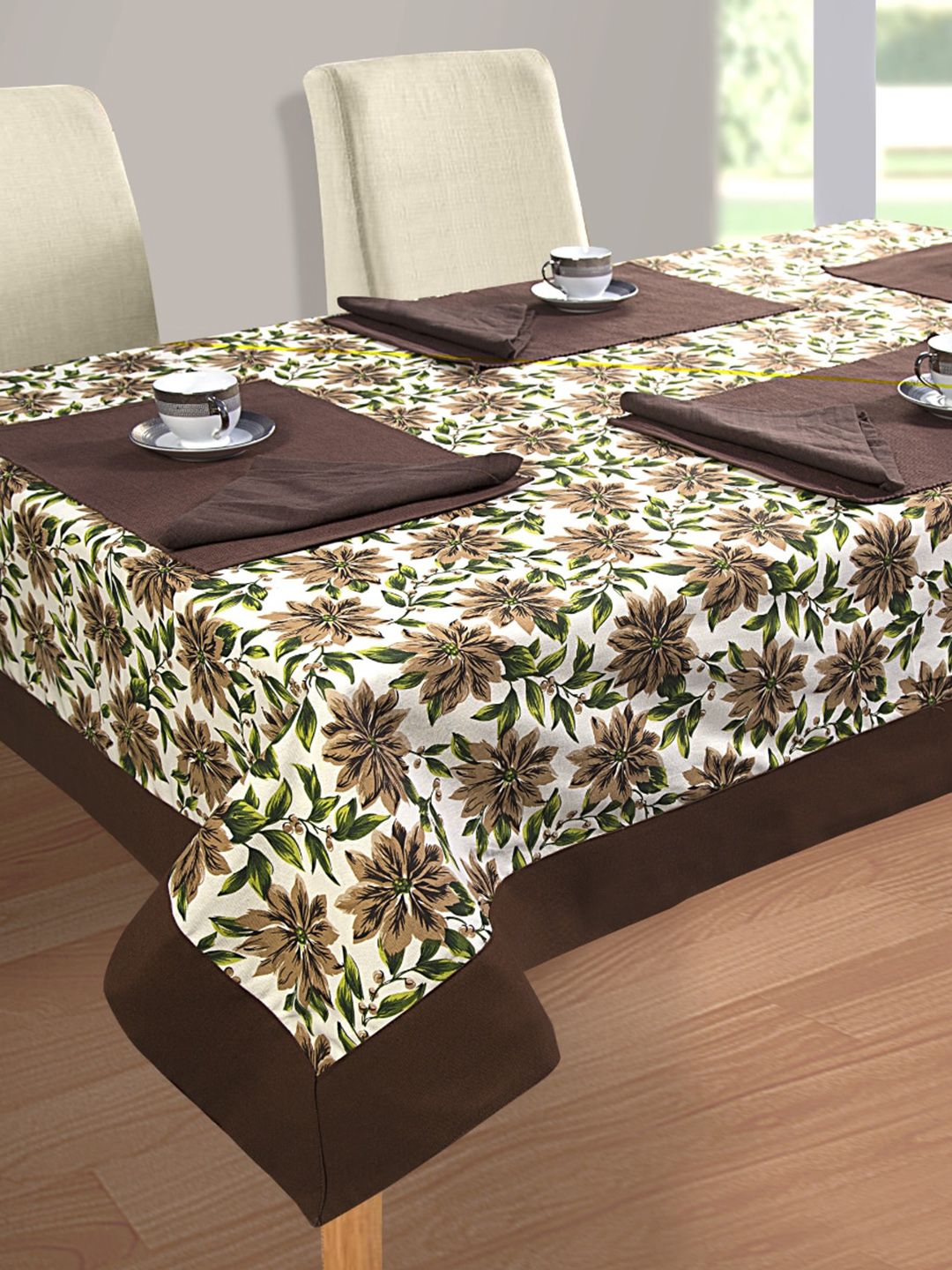 SHADES of LIFE 6-Seater Coffee Brown & White Printed 6-Seater Rectangle Cotton Table Cover Price in India