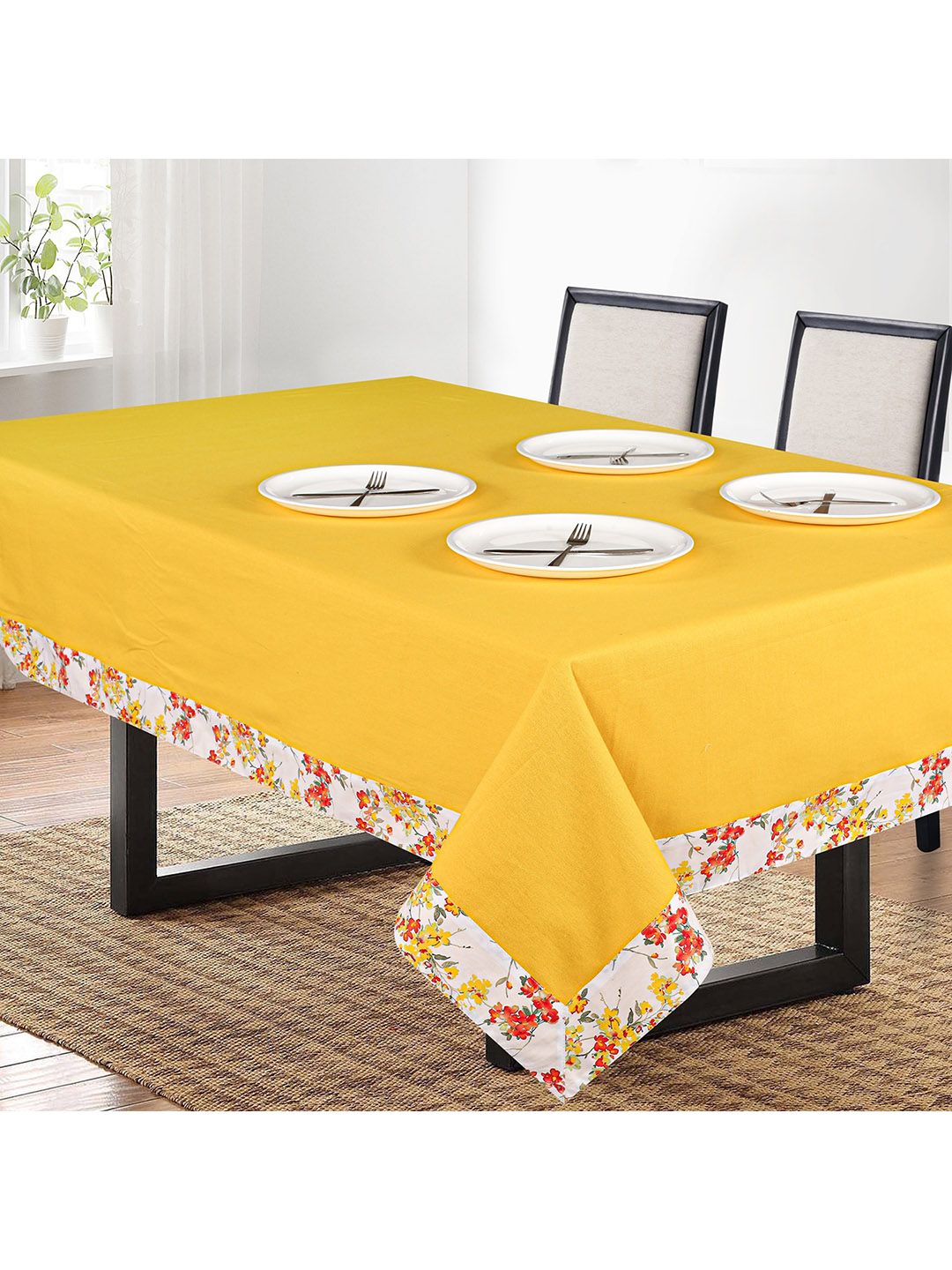 SHADES of LIFE Yellow & White Printed 6-Seater Rectangle Cotton Table Cover Price in India
