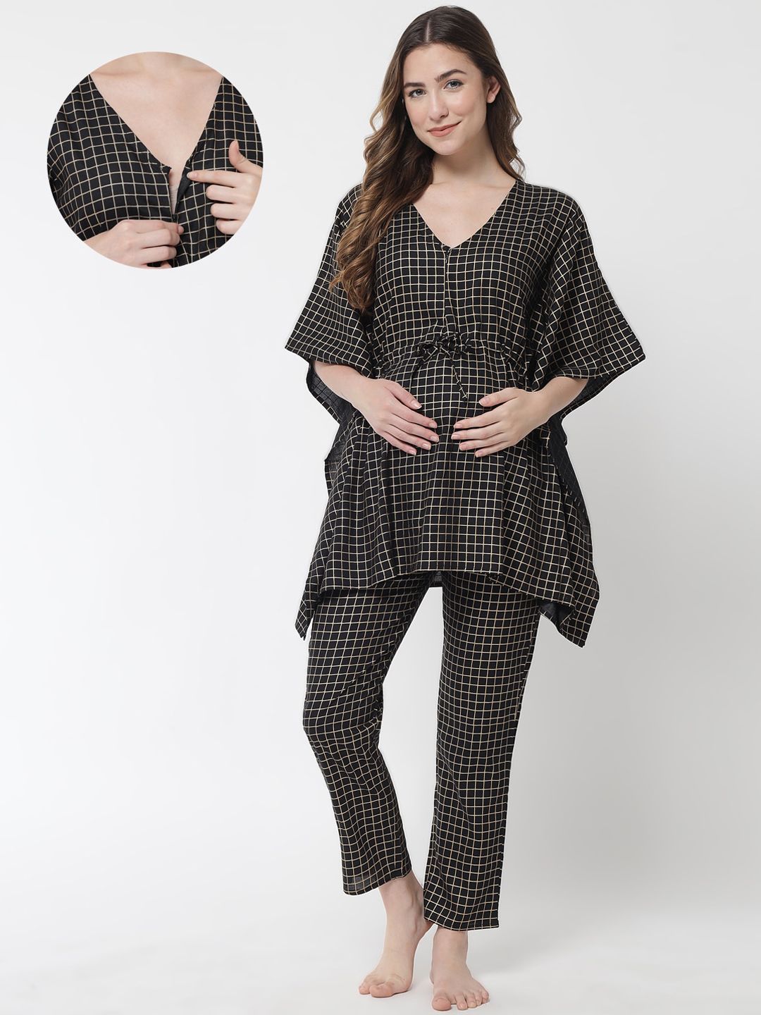 Aujjessa Women Black & Beige Checked Maternity Night suit Price in India