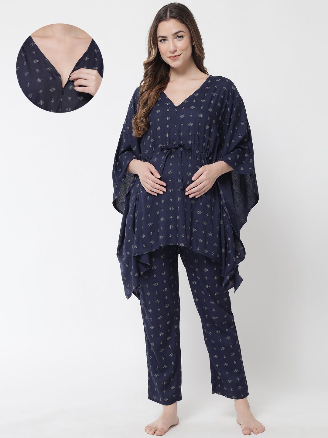 Aujjessa Women Navy Blue & Grey Printed Maternity Night suit Price in India