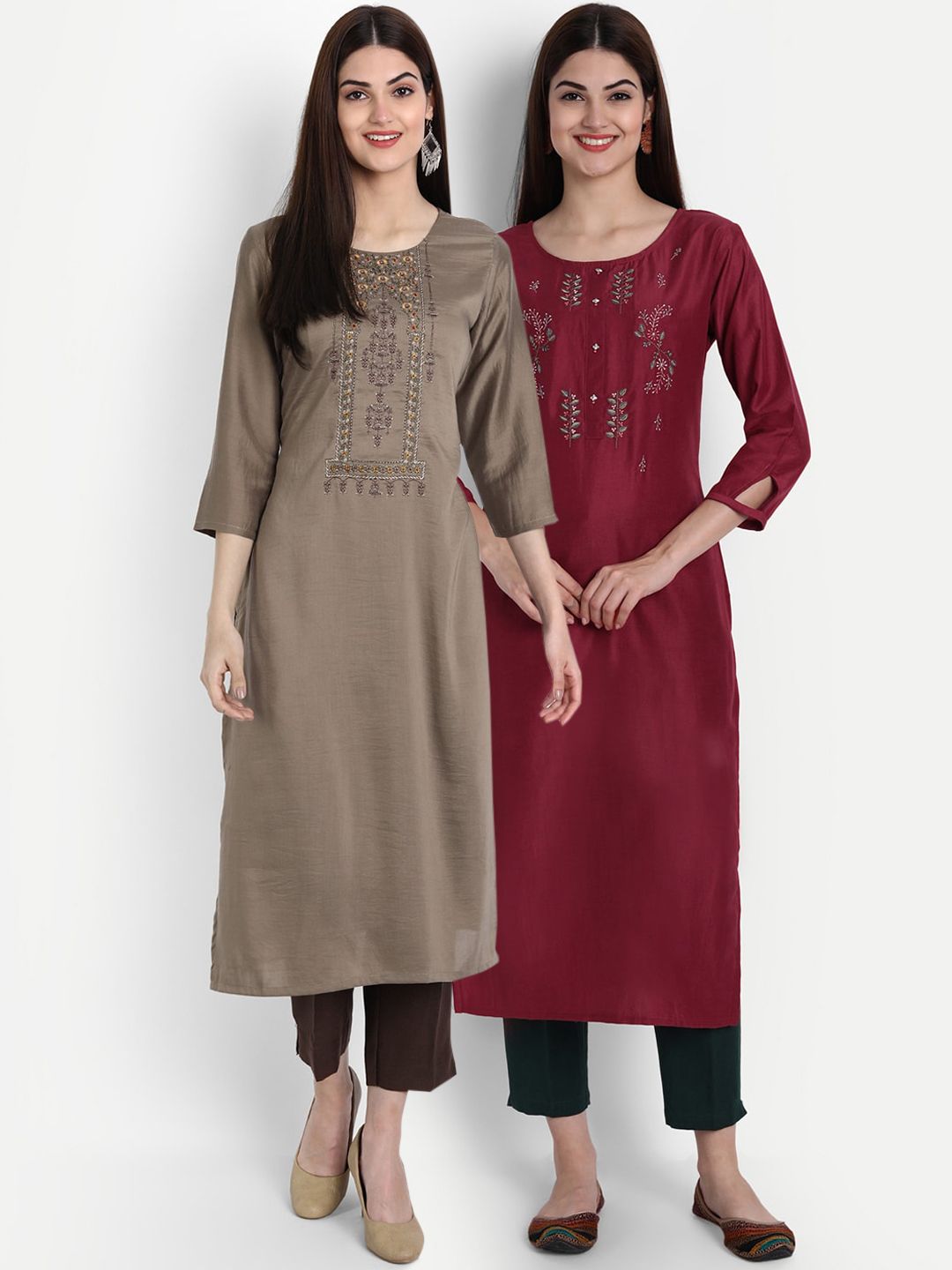 arangya Women Pack of 2 Maroon & Grey Embroidered Thread Work Kurtas Price in India