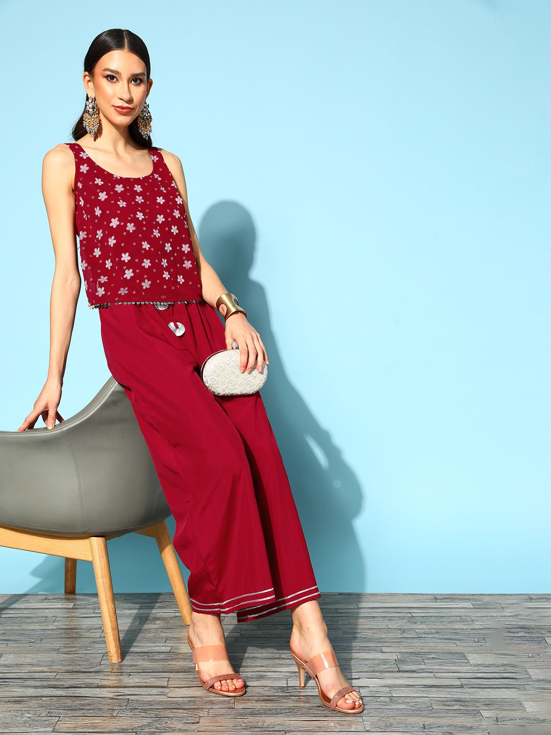 Ahalyaa Women Charming Maroon Printed Top to Toe Fusion Jumpsuit Price in India