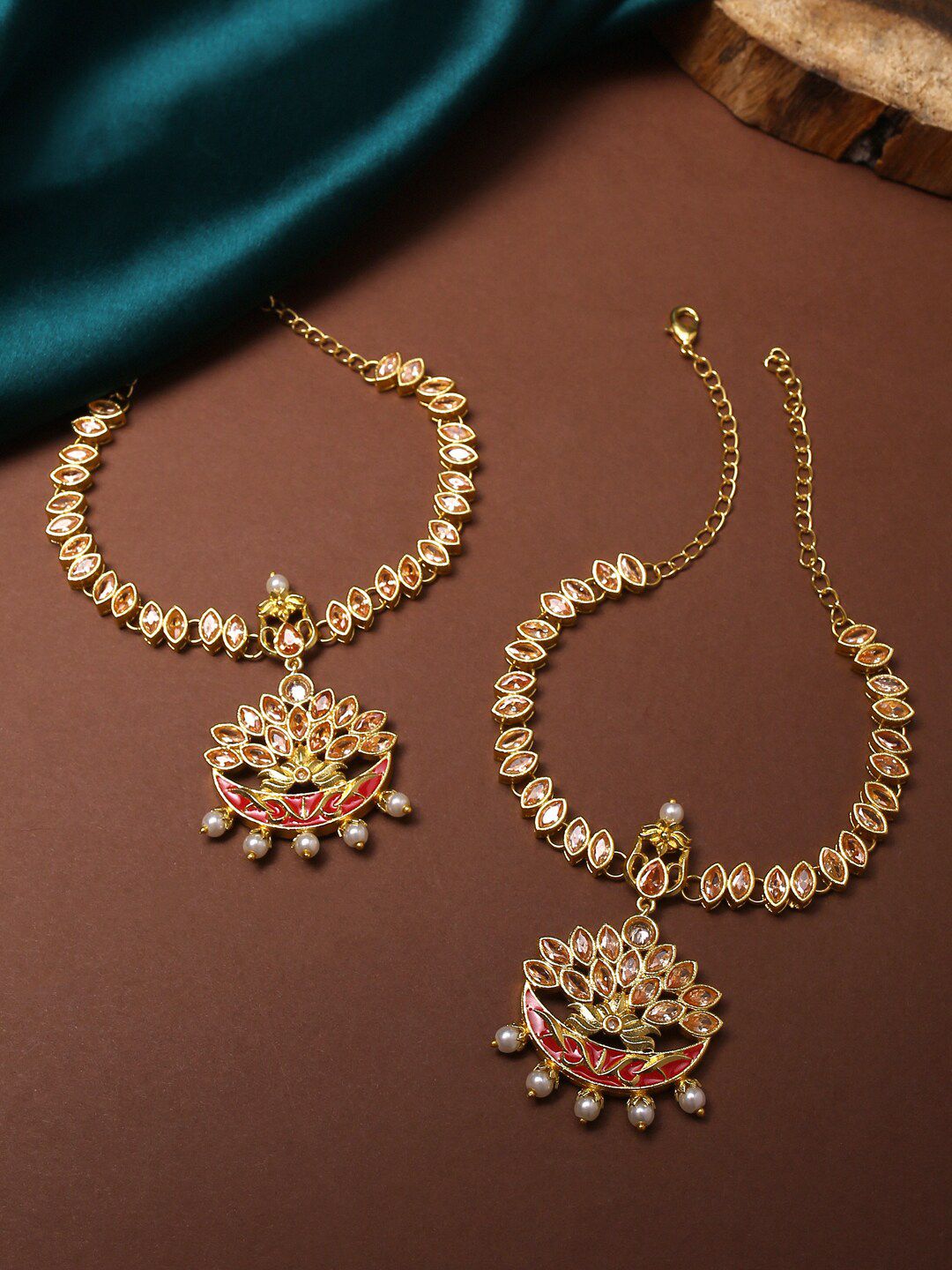 Studio Voylla Set of 2 Gold-Plated & Red Apsara Bridal Enamelled Armlets Price in India