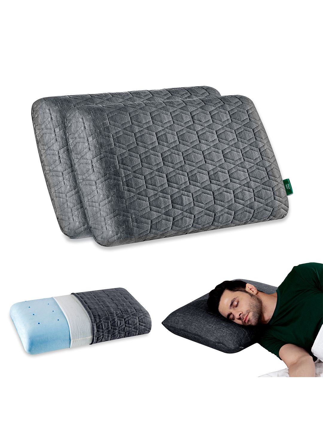 The White Willow The White Willow Cooling Gel Grey Solid Polycotton Cooling Set of 2 Medium Memory Foam Sleep Pillow-5 x 16 x 22 cm