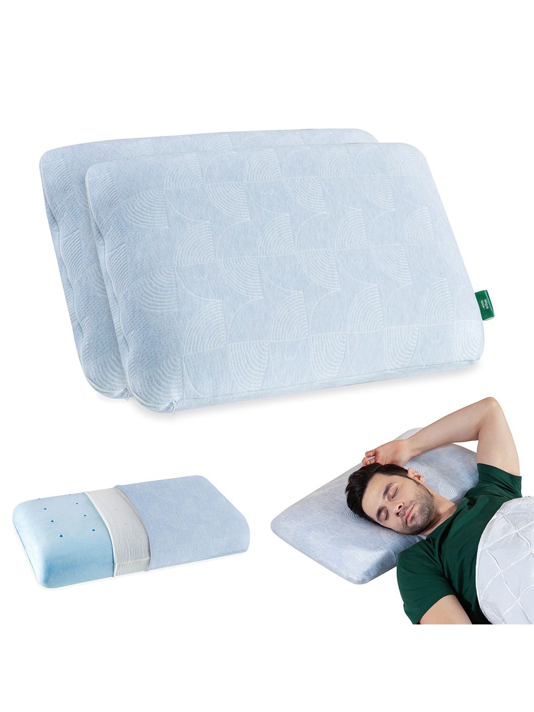 The White Willow The White Willow Cooling Gel Green Geometric Polycotton Set of 2 Medium Memory Foam Sleep Pillow-55.9 x 35.6 x 12.7 cm