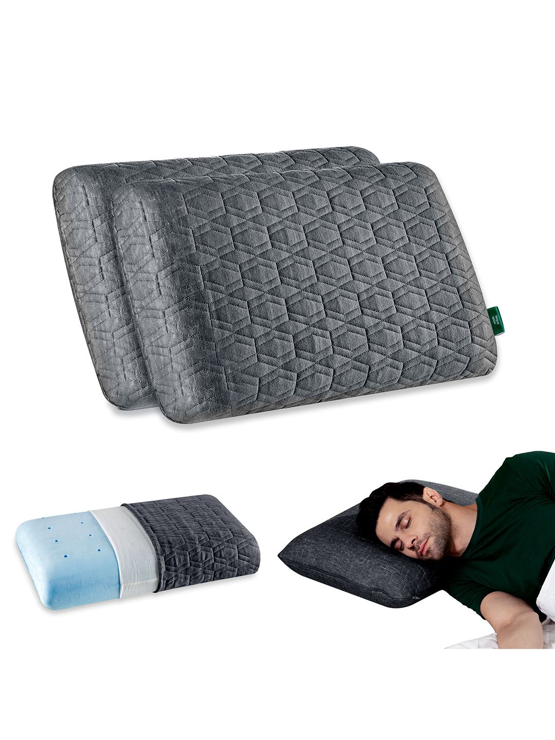 The White Willow The White Willow Cooling Gel Grey Solid Polycotton Cooling Set of 2 Medium Memory Foam Sleep Pillow-12.7 x 44.4 x 68.5 cm