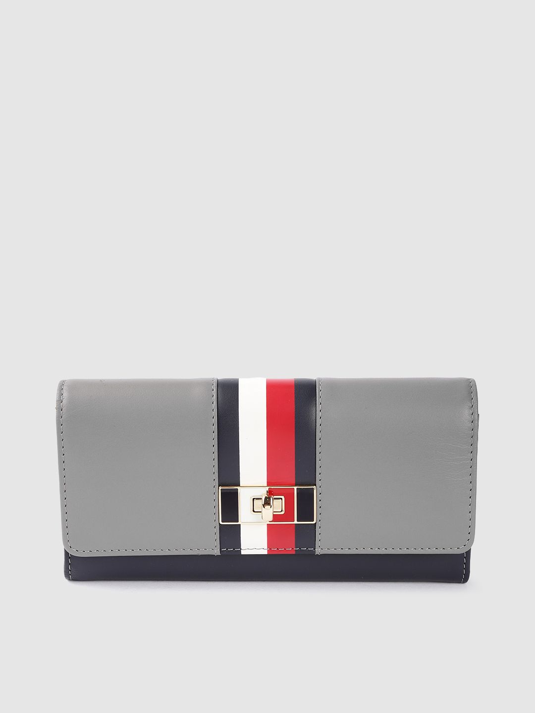 Tommy Hilfiger Women Grey & Navy Blue Printed Leather Envelope Price in India