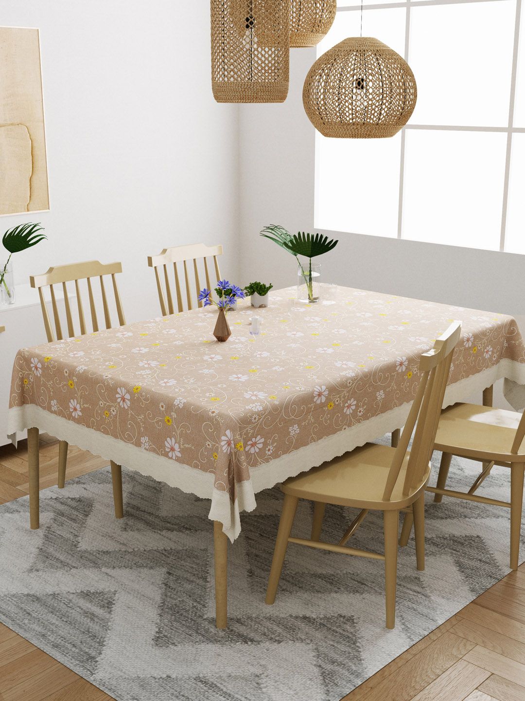 DREAM WEAVERZ Beige & White Printed 4-Seater Table Cover Price in India