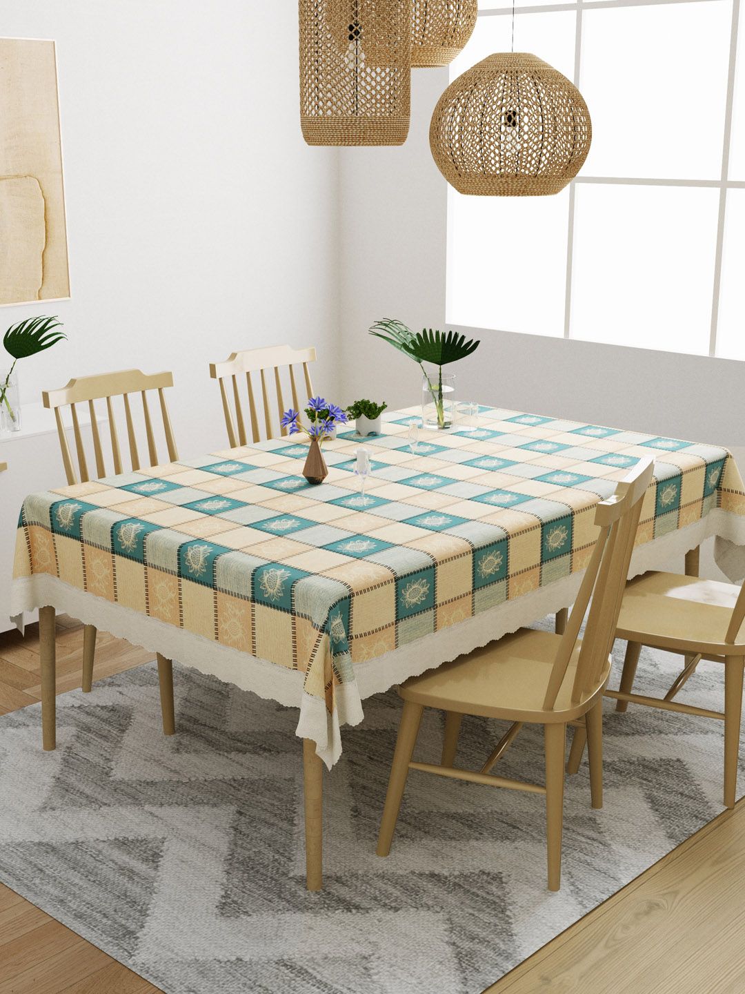 DREAM WEAVERZGreen & Beige Printed 4 Seater Table Cover Price in India