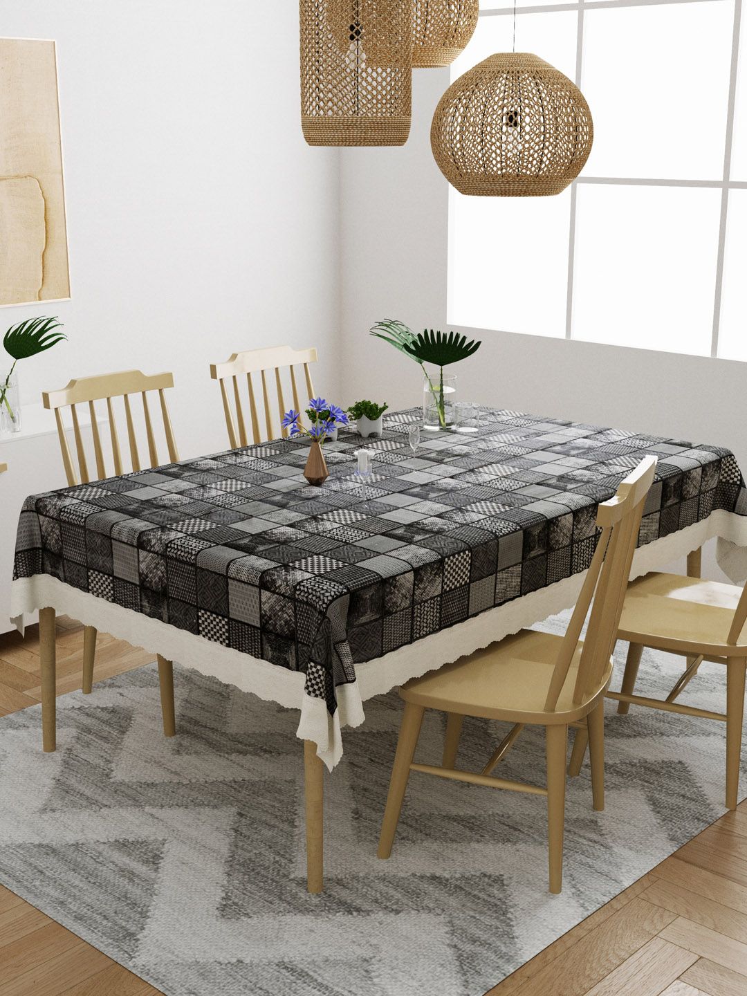 DREAM WEAVERZ Black Printed 4-Seater Table Cover Price in India
