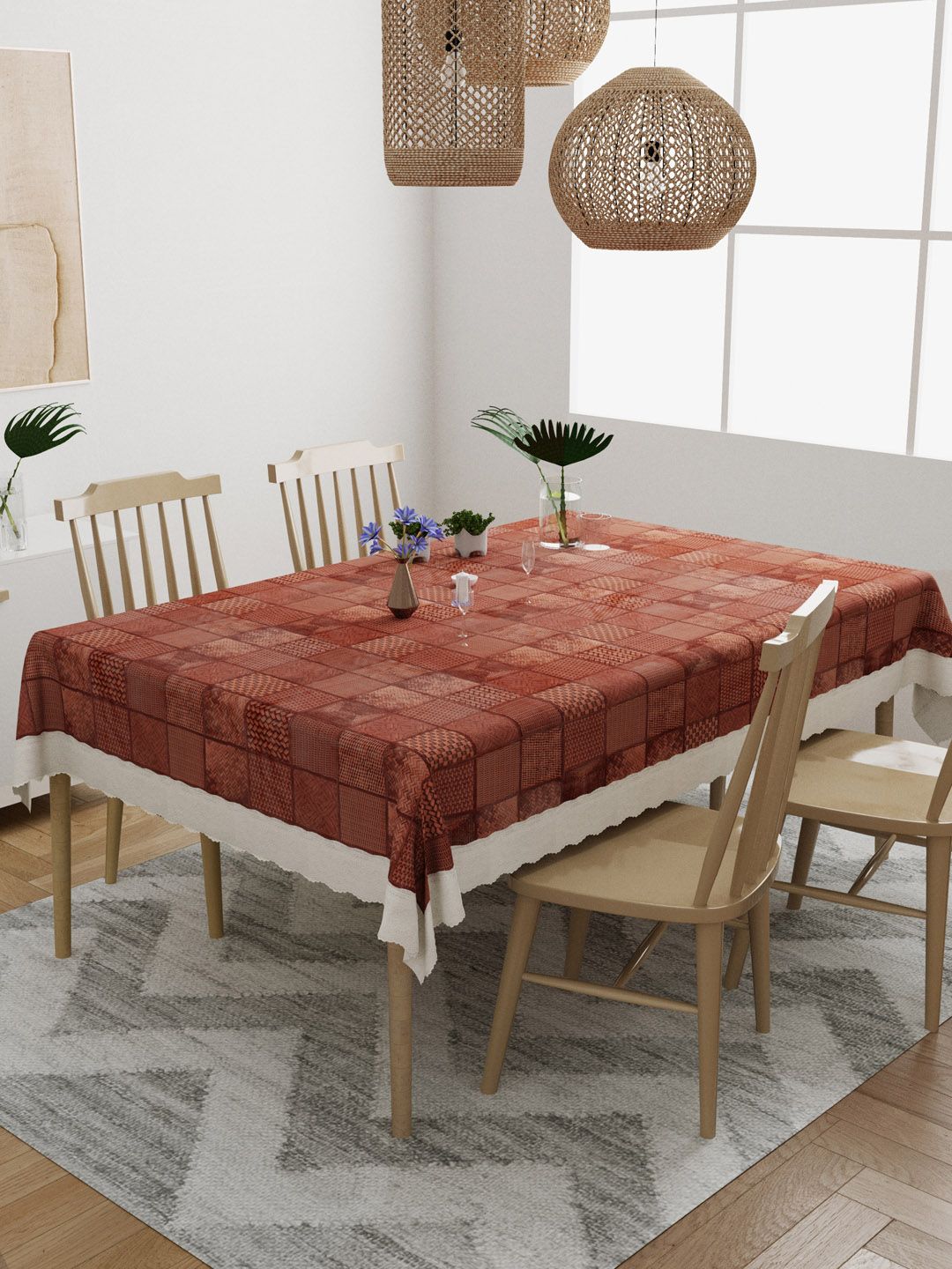 DREAM WEAVERZ Brown & White Wooden Jute Finish Rectangle 4 Seater Dining Table Cover Price in India