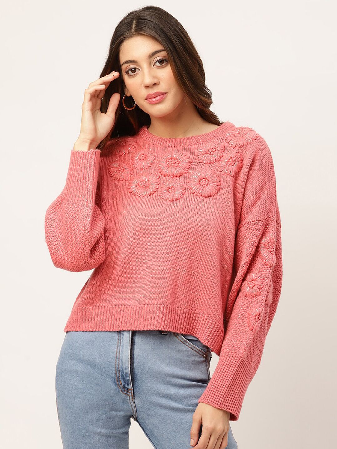ELLE Women Pink Embroidered Floral Pullover Price in India