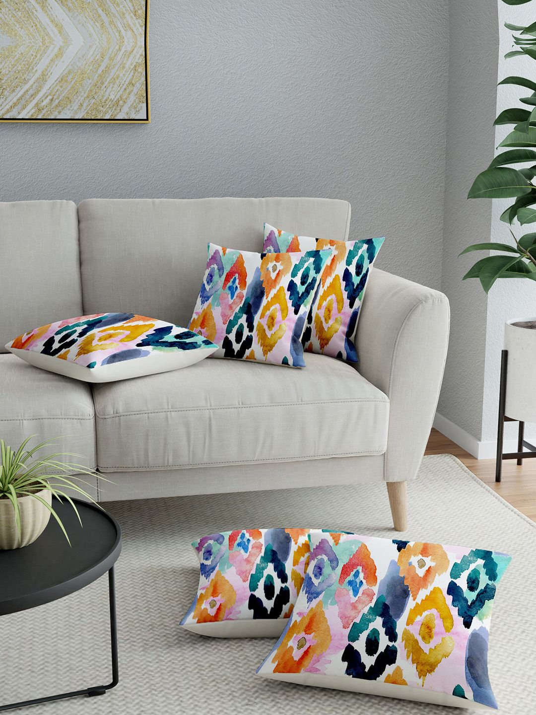LA VERNE White & Blue Set of 5 Abstract Square Cushion Covers Price in India