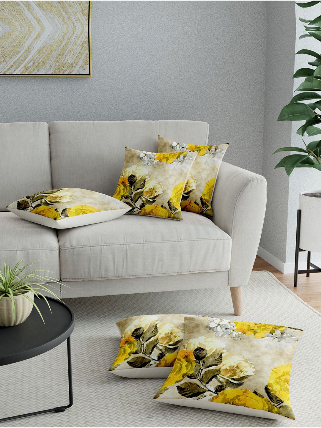 LA VERNE Yellow & Beige Set of 5 Floral Square Cushion Covers Price in India