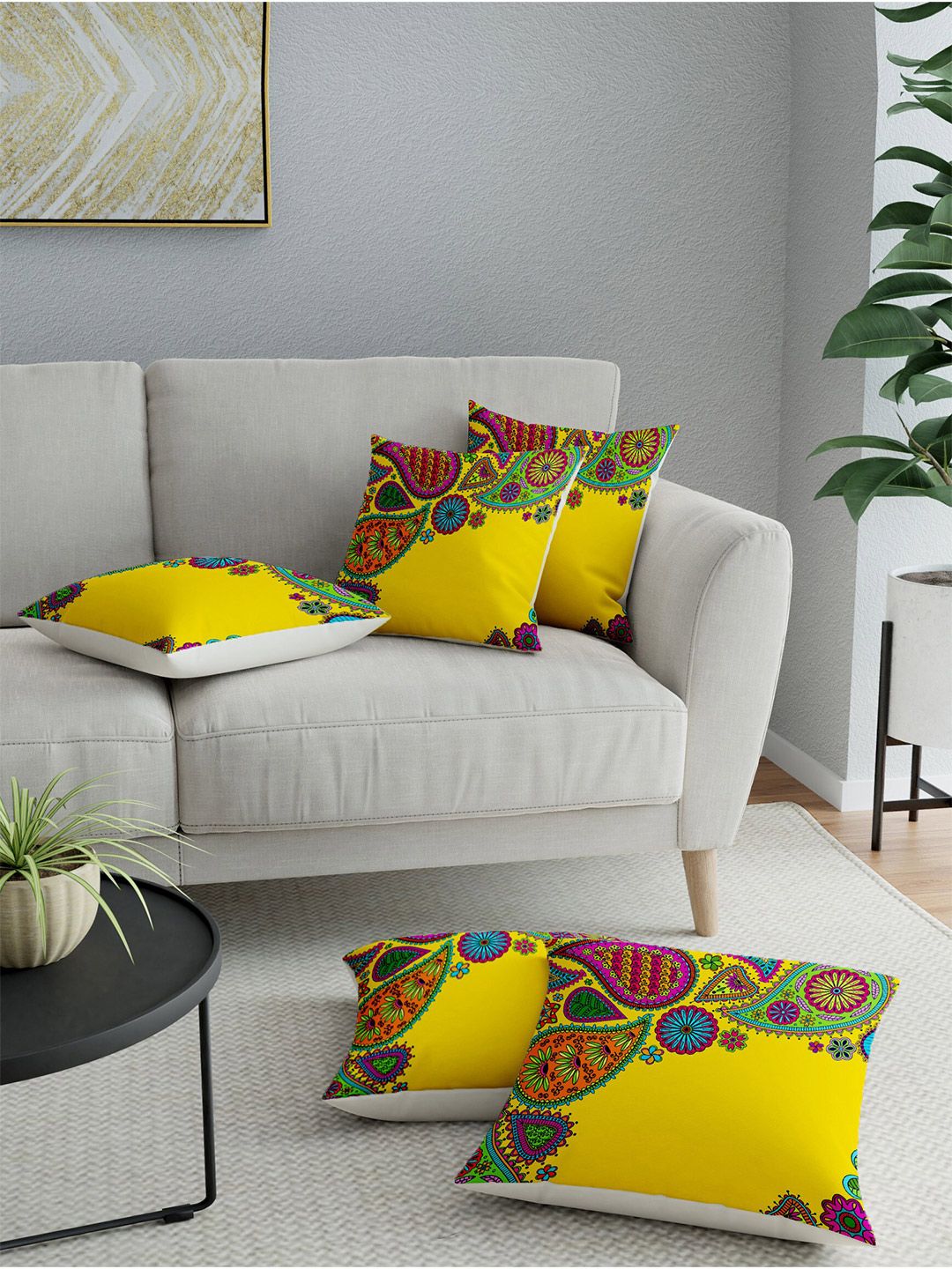 LA VERNE Yellow & Red Set of 5 Ethnic Motifs Square Cushion Covers Price in India