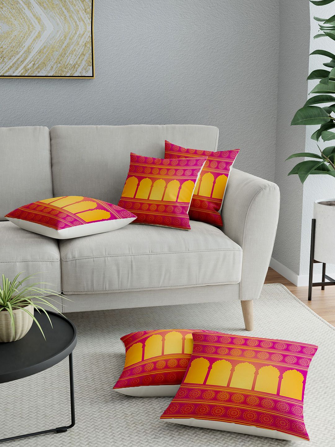 LA VERNE Pink & Yellow Set of 5 Ethnic Motifs Square Cushion Covers Price in India