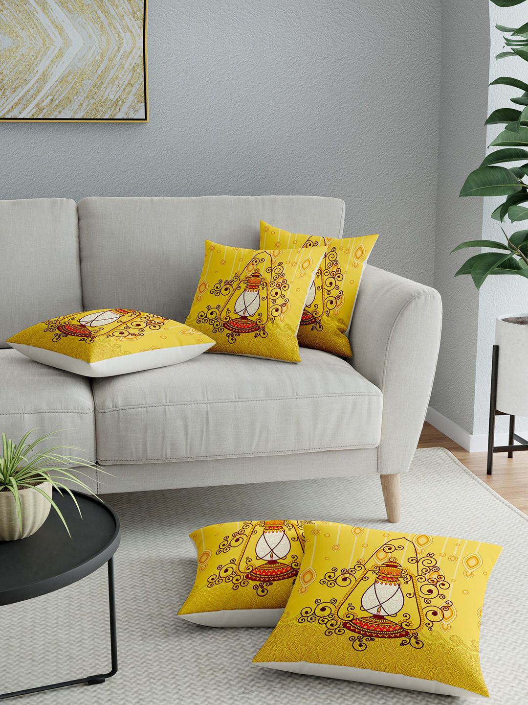 LA VERNE Yellow Set of 5 Abstract Square Cushion Covers Price in India