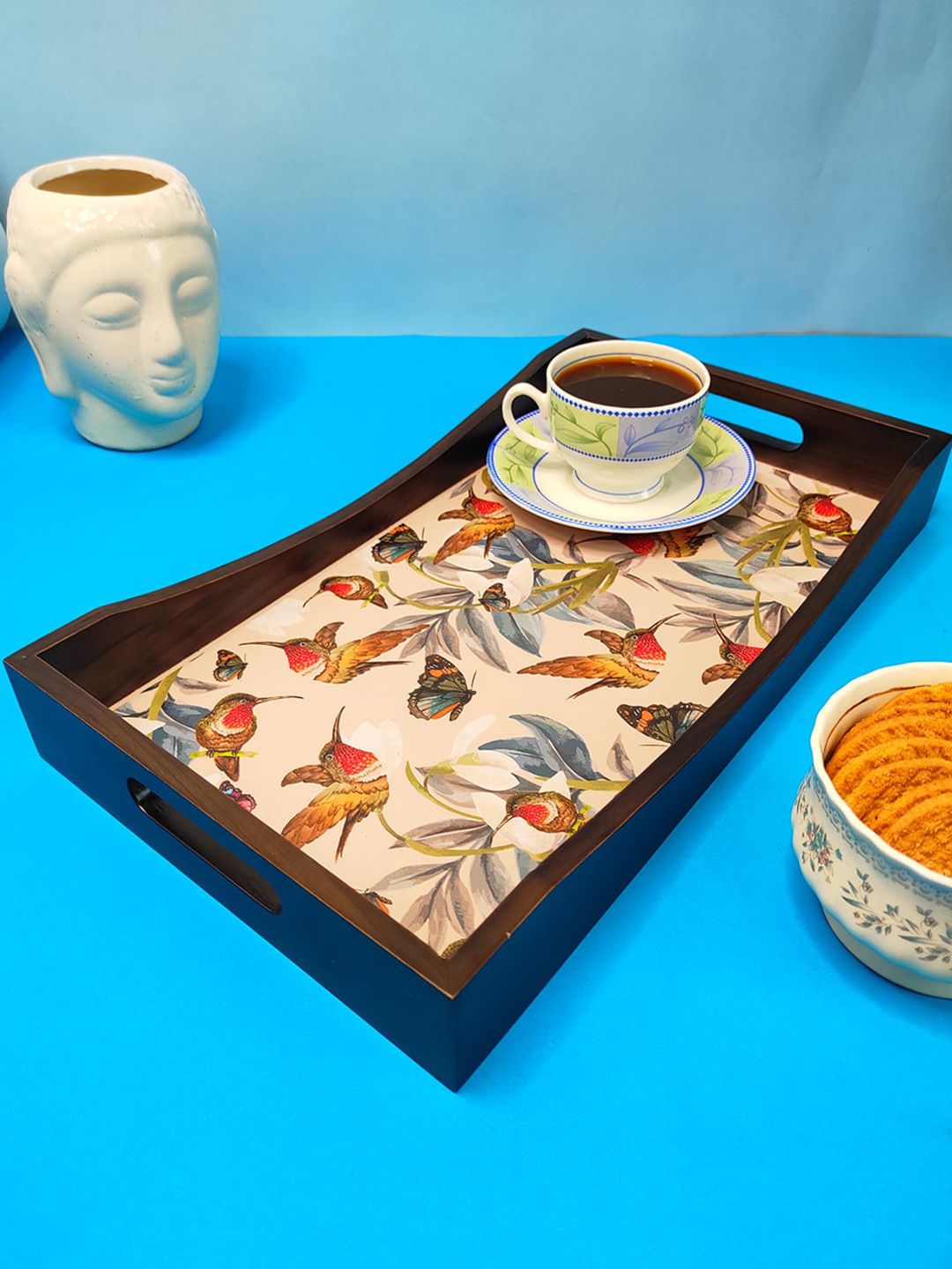 CRAYTON Brown & Beige Tropical Printed Rectangle Wooden Tray Price in India