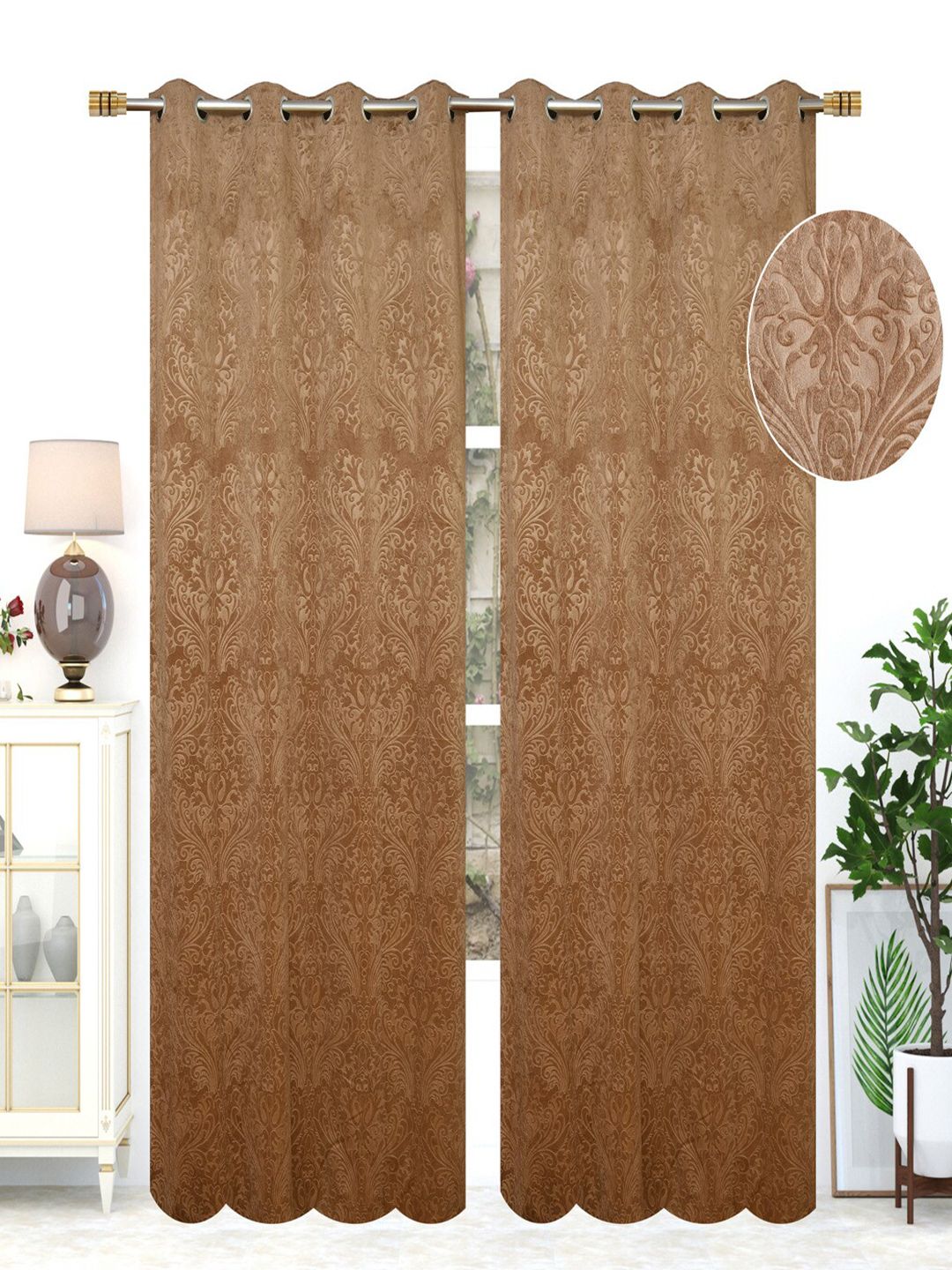 MULTITEX Gold-Toned Set of 2 Floral Long Door Curtain Price in India