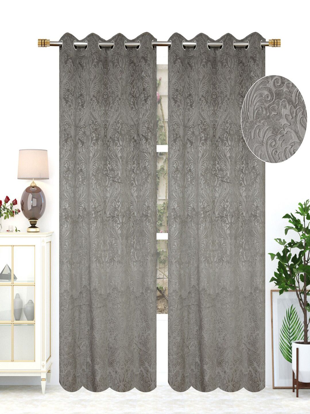 MULTITEX Grey Set of 2 Floral Door Curtain Price in India