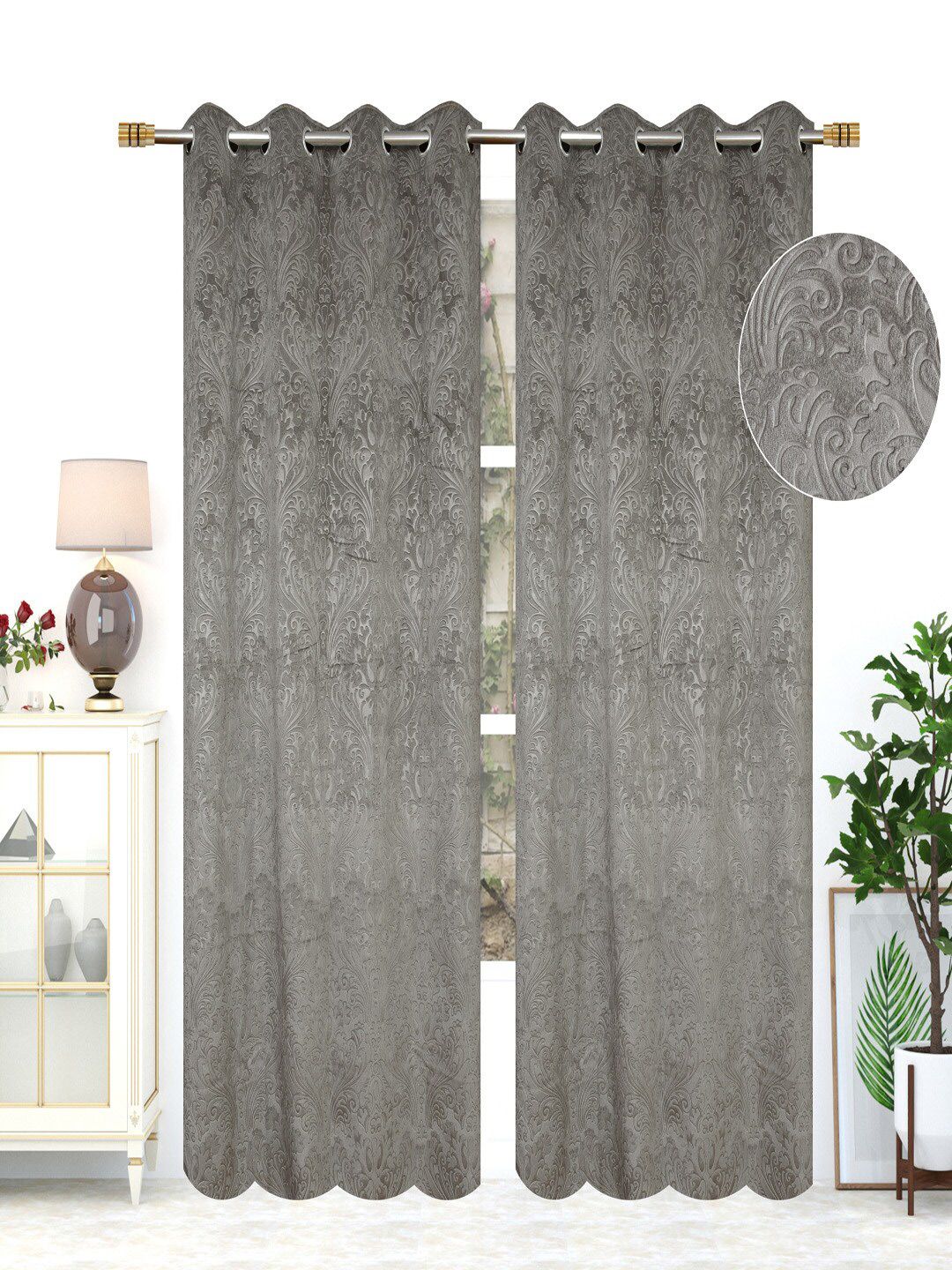 MULTITEX Grey Set of 2 Floral Window Curtain Price in India