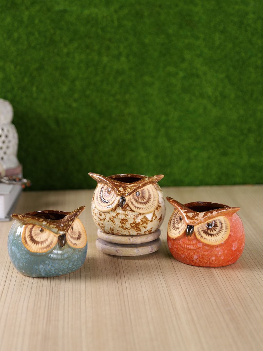 TAYHAA Set of 3 Multicolored Owl Design Ceramic Planters Price in India