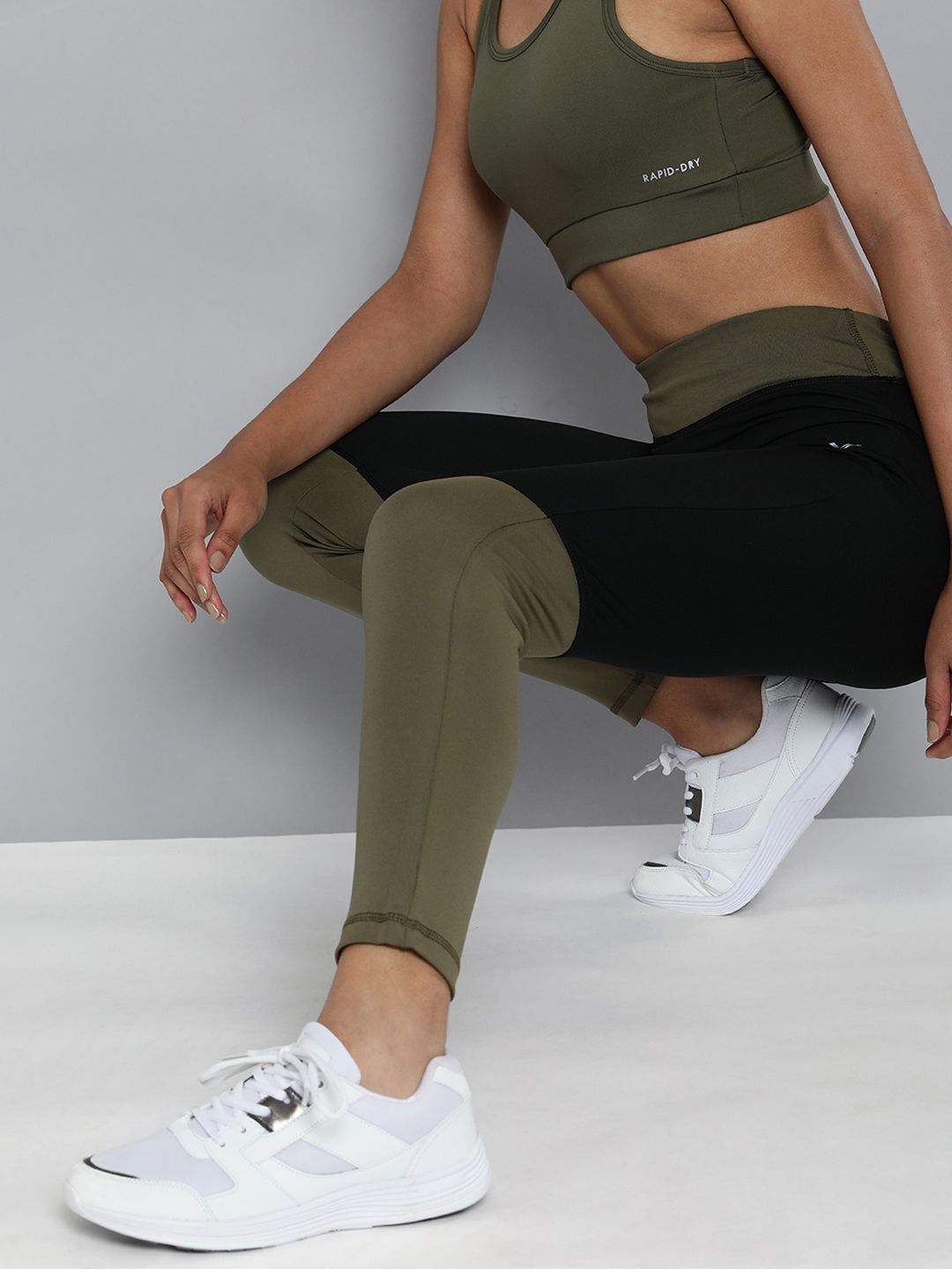 HRX by Hrithik Roshan Women Black & Olive Green Colourblocked Training Tights Price in India