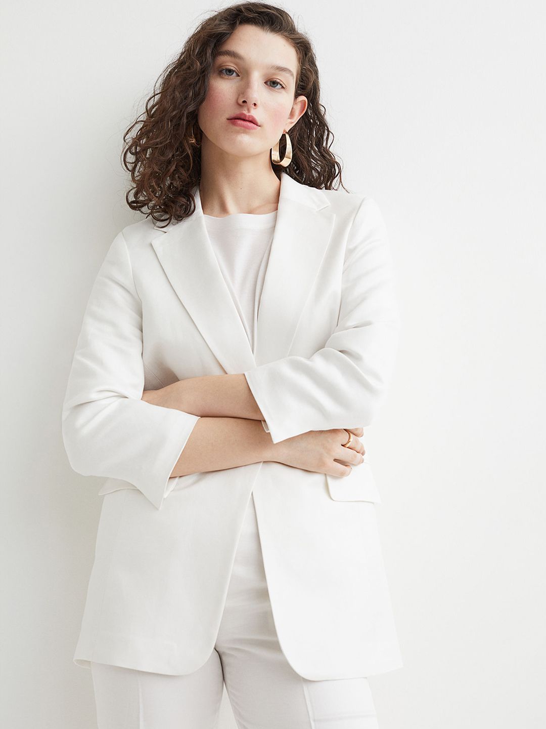 H&M Women White Solid Linen-Blend Jacket Price in India