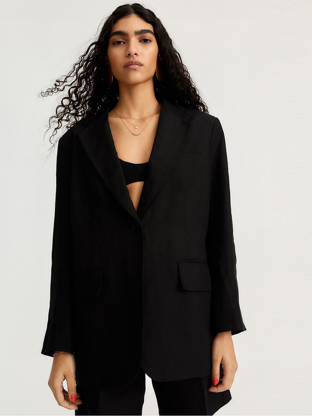 H&M Women Black Oversized Linen-Blend Jacket Price in India