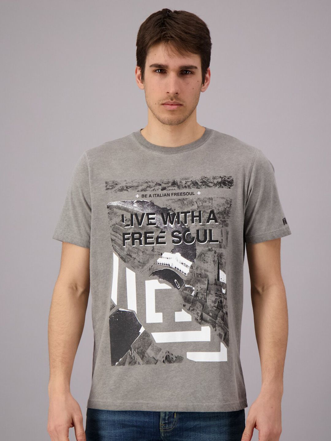 Buy FREESOUL Men Grey Printed Pure Cotton T-shirt - Tshirts for