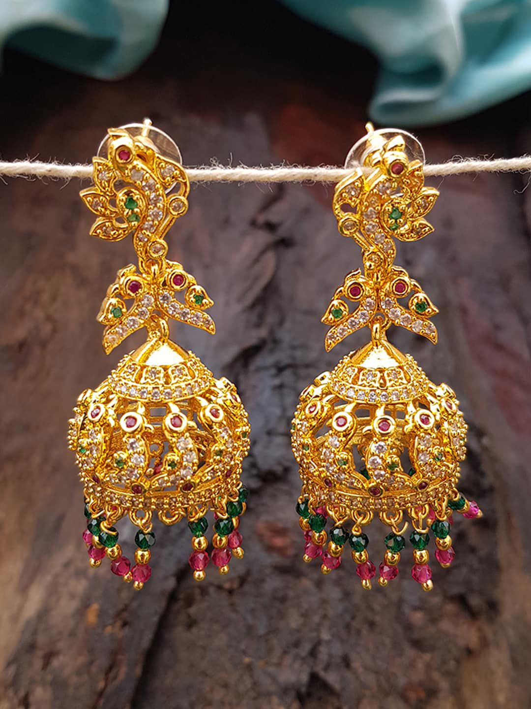 GRIIHAM Gold-Toned & Multicoloured Contemporary Jhumkas Earrings Price in India