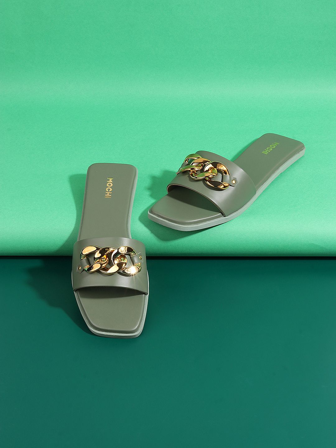 Mochi Women Green & Gold-Toned Open Toe Flats with Buckles