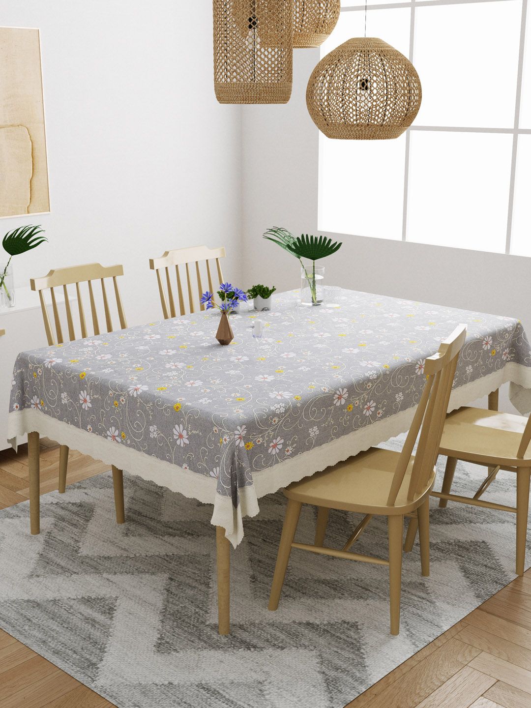 DREAM WEAVERZ Grey & White Floral 4 Seater Printed Dining Table Covers Price in India