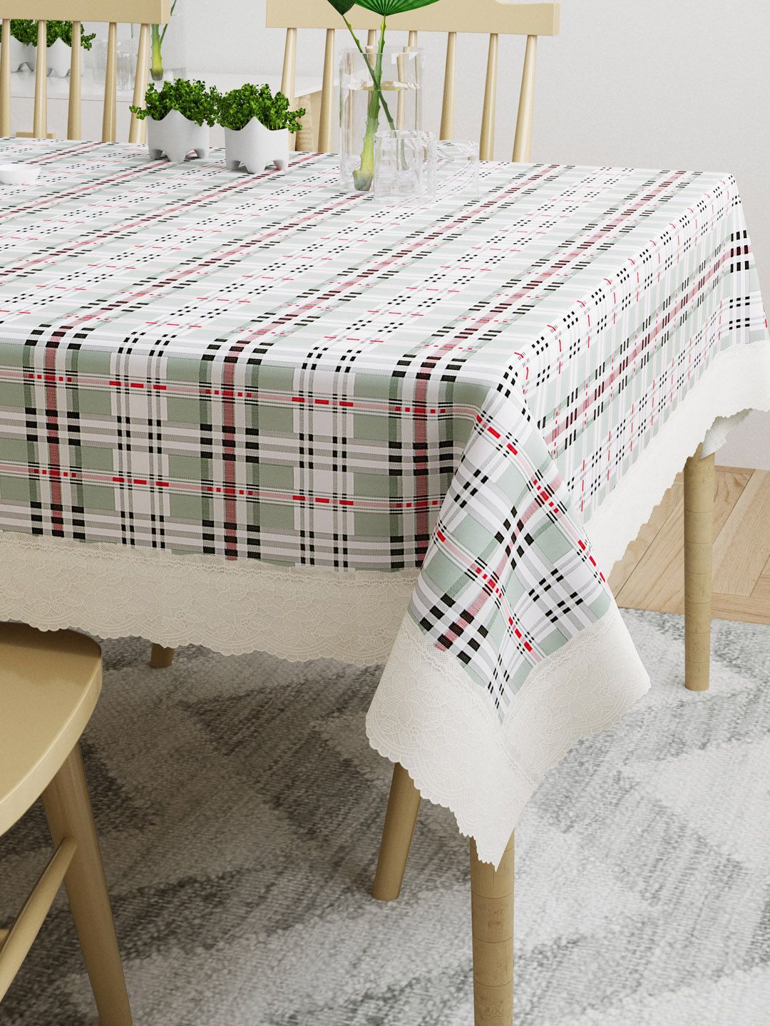 DREAM WEAVERZ Grey & White Checked 4 Seater Dining Table Cover Price in India