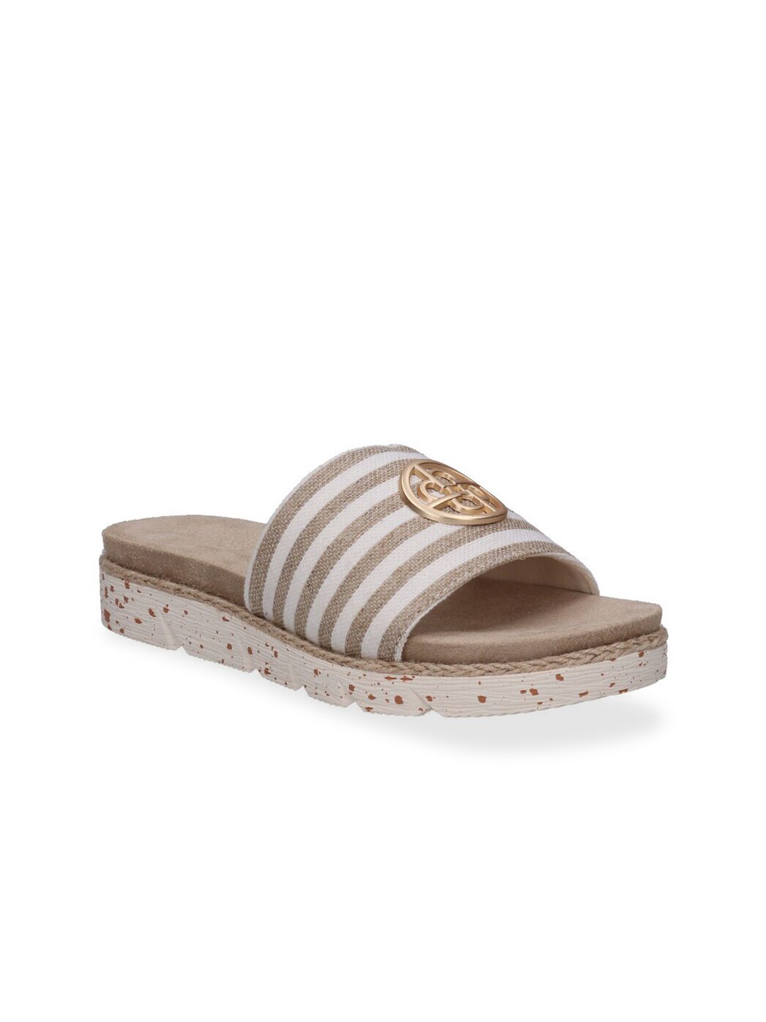 Bugatti Women Beige & White Striped Sliders Price in India