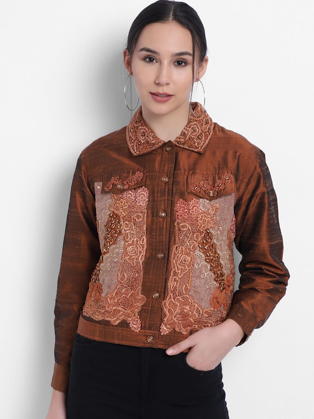 Darzi Women Brown Embroidered Silk Tailored Jacket Price in India
