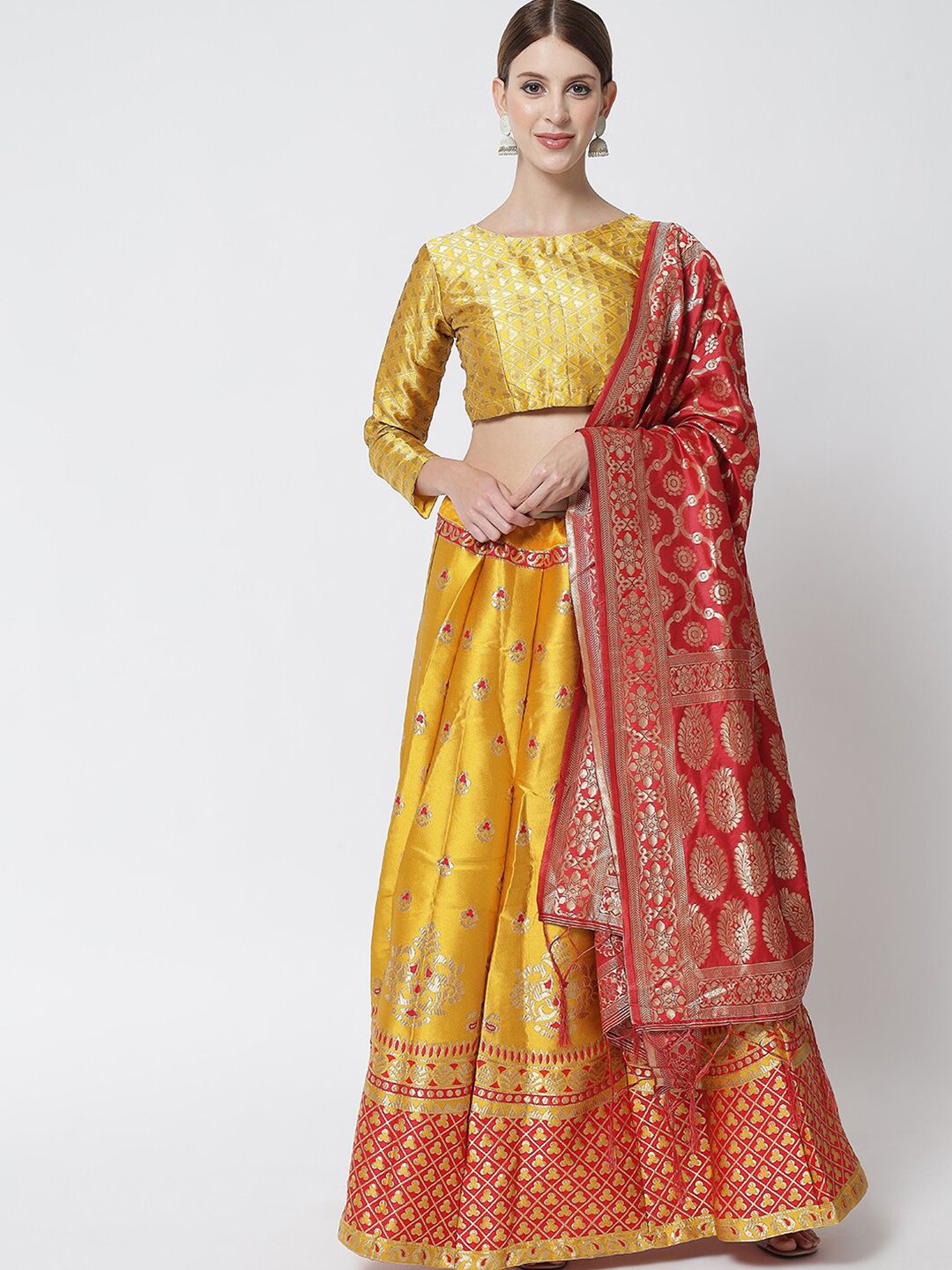 DIVASTRI Red & Mustard Banarasi Silk Semi-Stitched Lehenga & Unstitched Blouse & Dupatta Price in India