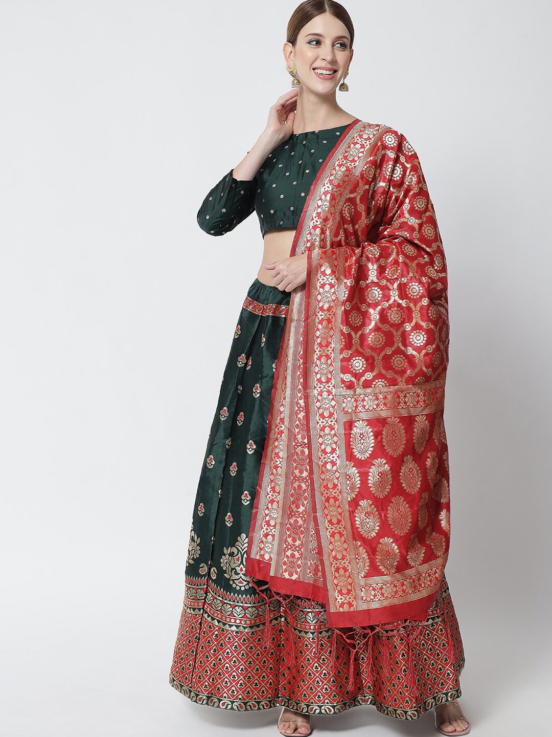 DIVASTRI Green & Red Printed Ready to Wear Lehenga & Unstitched Blouse With Dupatta Price in India