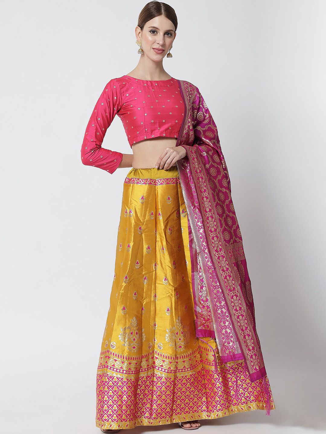 DIVASTRI Pink & Mustard Ready to Wear Lehenga & Unstitched Blouse With Dupatta Price in India