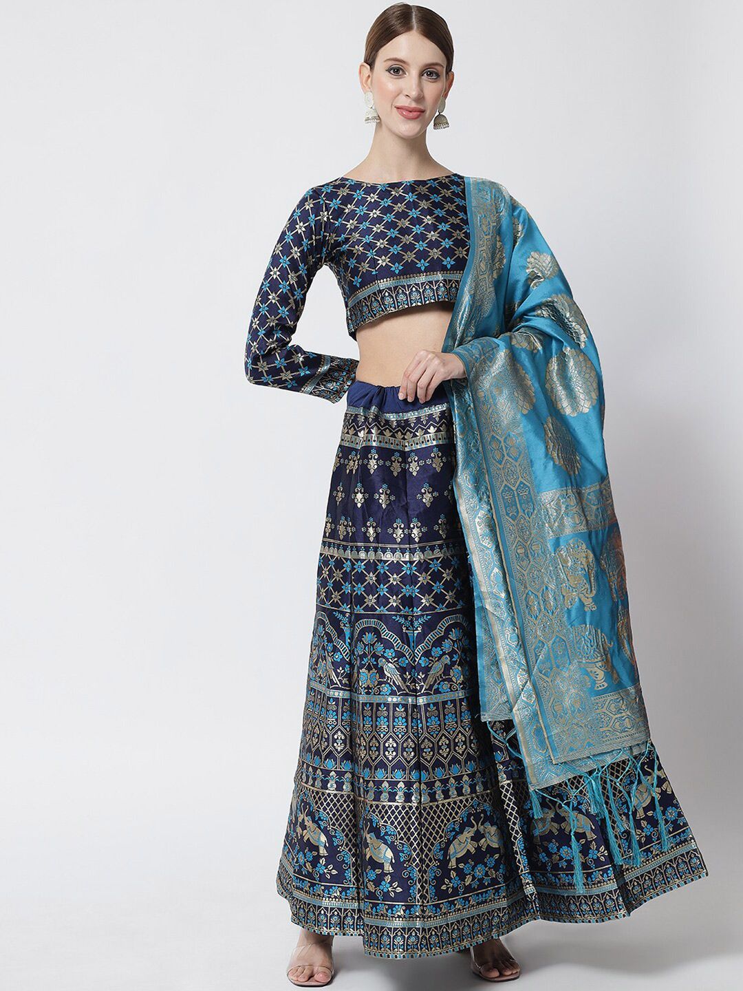 DIVASTRI Turquoise Blue & Gold-Toned Printed Ready to Wear Lehenga & Unstitched Blouse With Dupatta Price in India